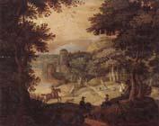 a wooded landscape with a hunting party at the edge of a lake,a castle beyond, unknow artist